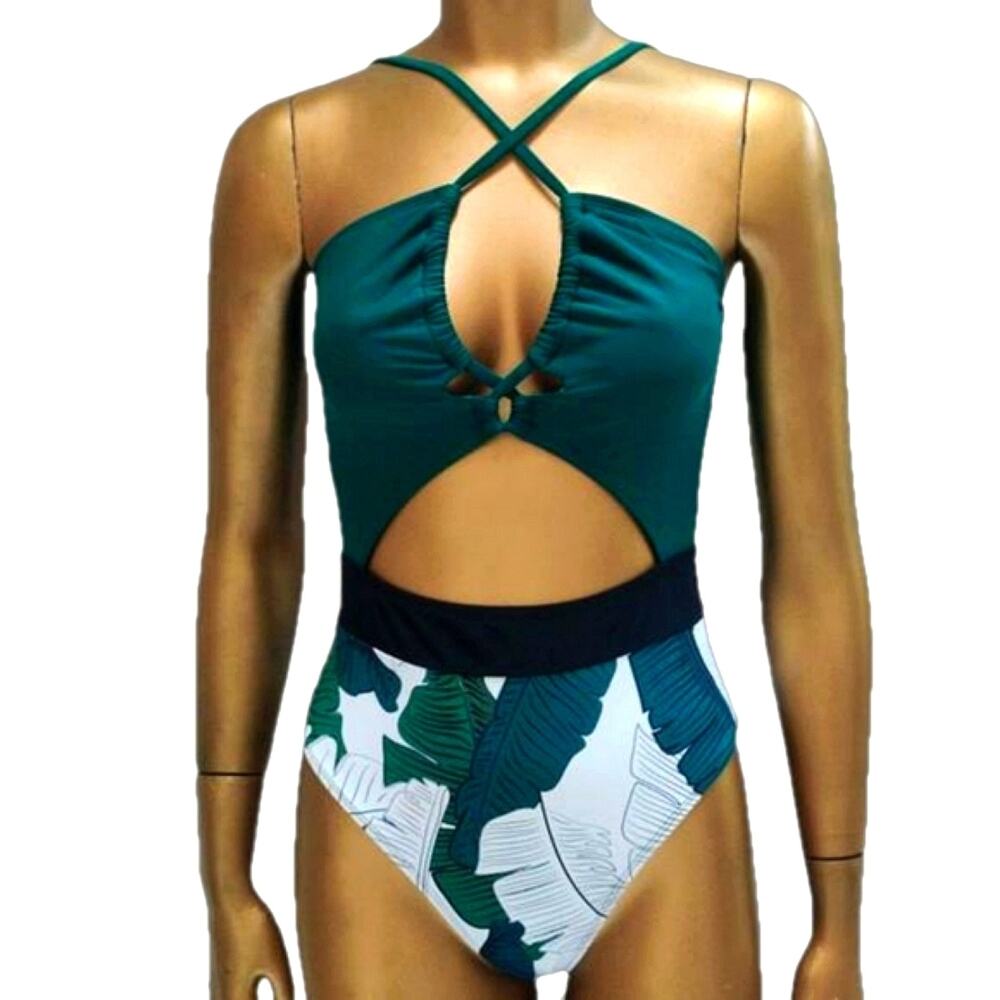 Cupshe Green Tropical Cut Out One Piece Swimsuit S Palm Print NWT